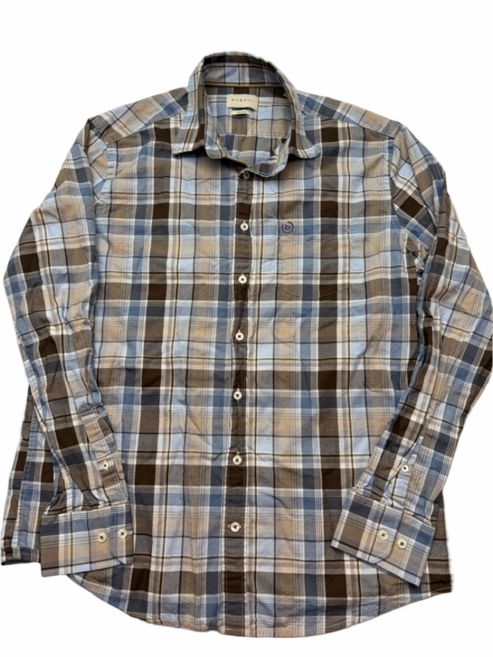 Bugatti Soft Wash Blue Brown Plaid Button Up Shirt Men Size Large 100% Cotton